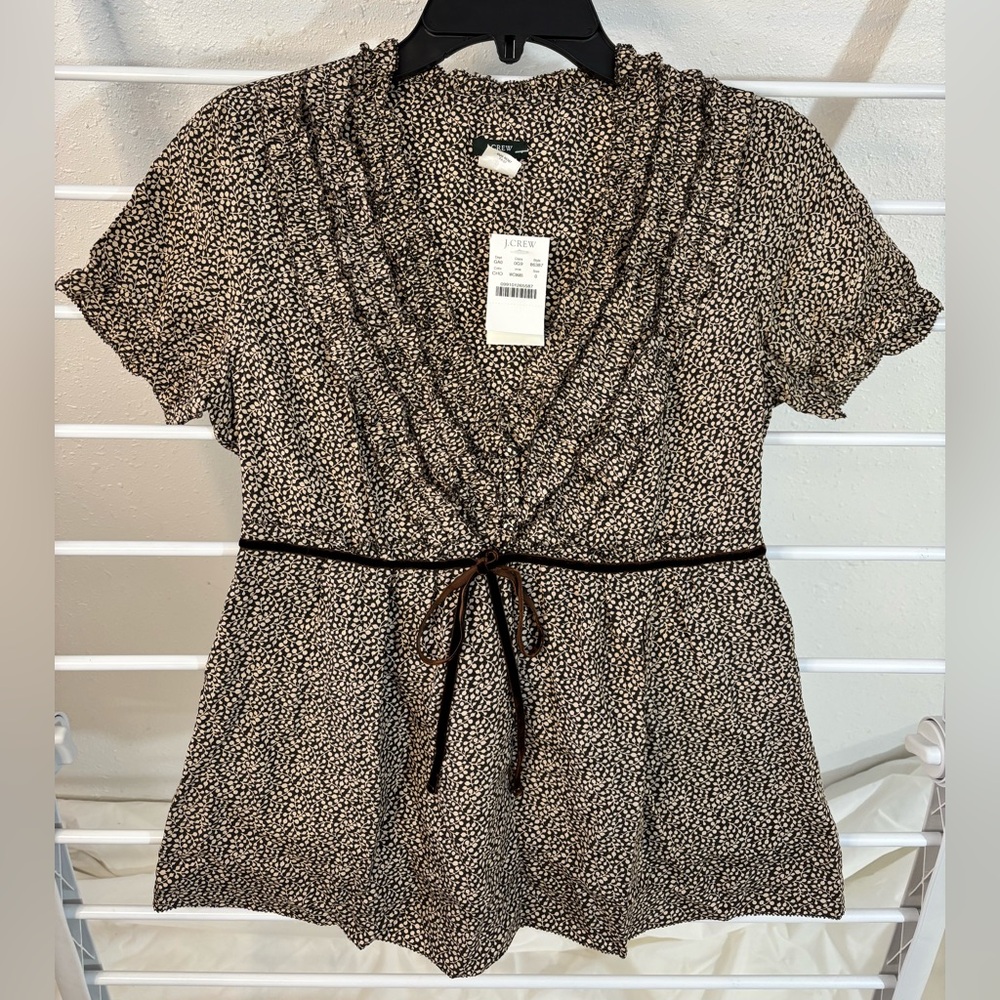 J. Crew NWT chocolate brown & cream leaf motif w/ velvet tie, ruffle, buttons